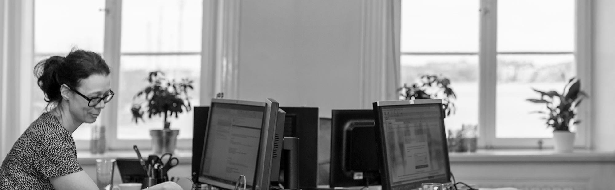 En receptionist sitter framf&ouml;r en dator